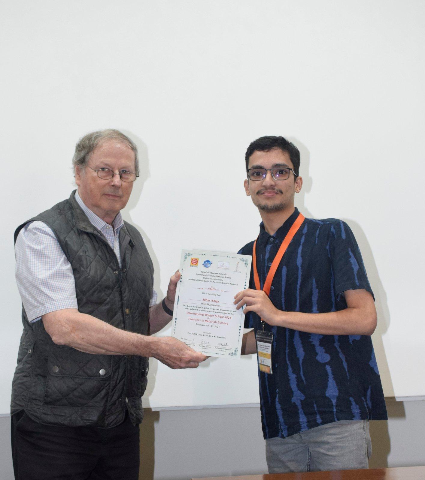 Best Poster and Talk Award at International Winter School, RAKCAM – JNCASR