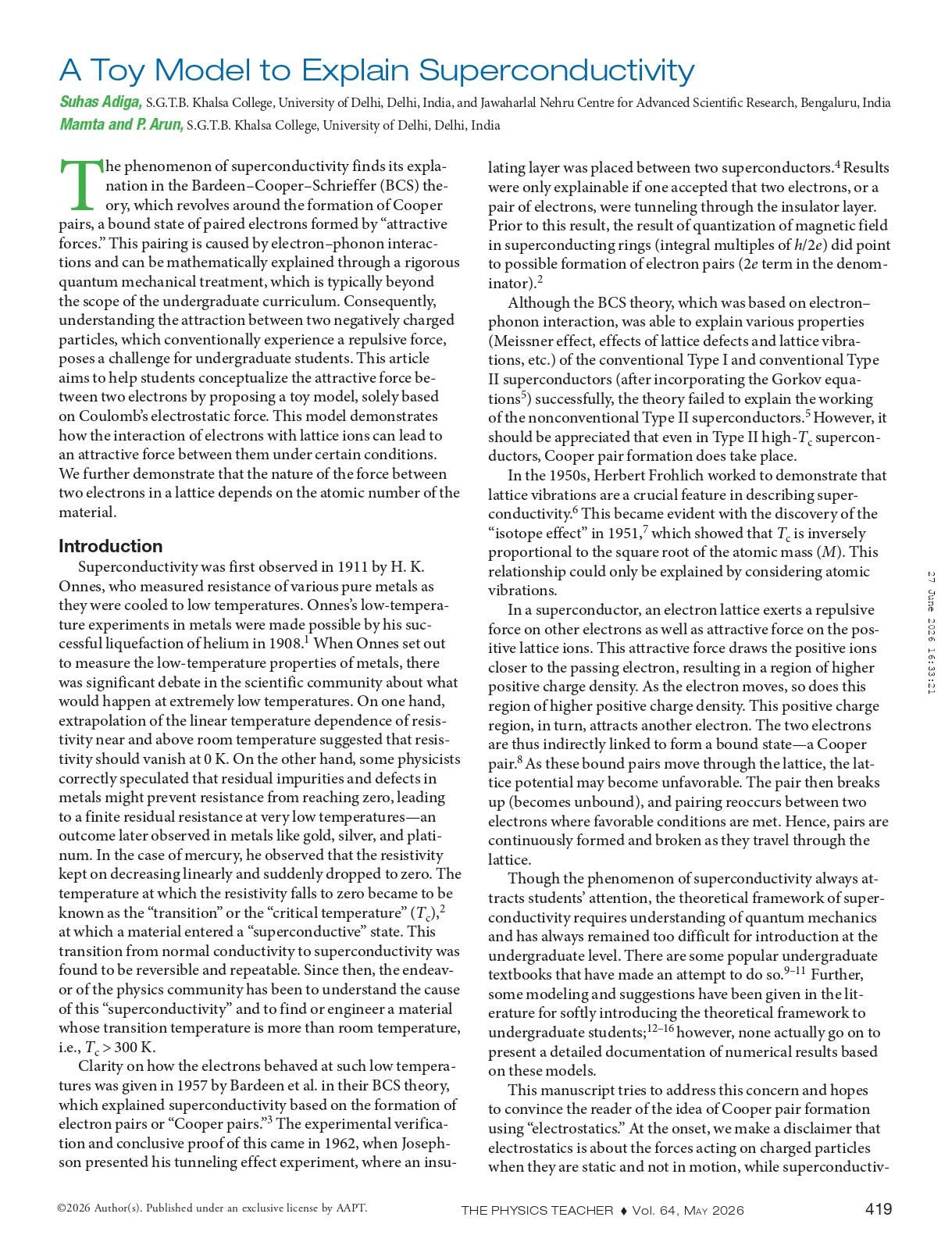 Cover: A Toy Model to Explain Superconductivity